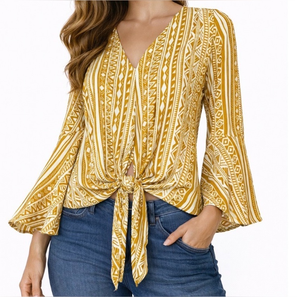 BOHO BELL-SLEEVE BLOUSE Wishlist mustard yellow and white tie front blouse boho